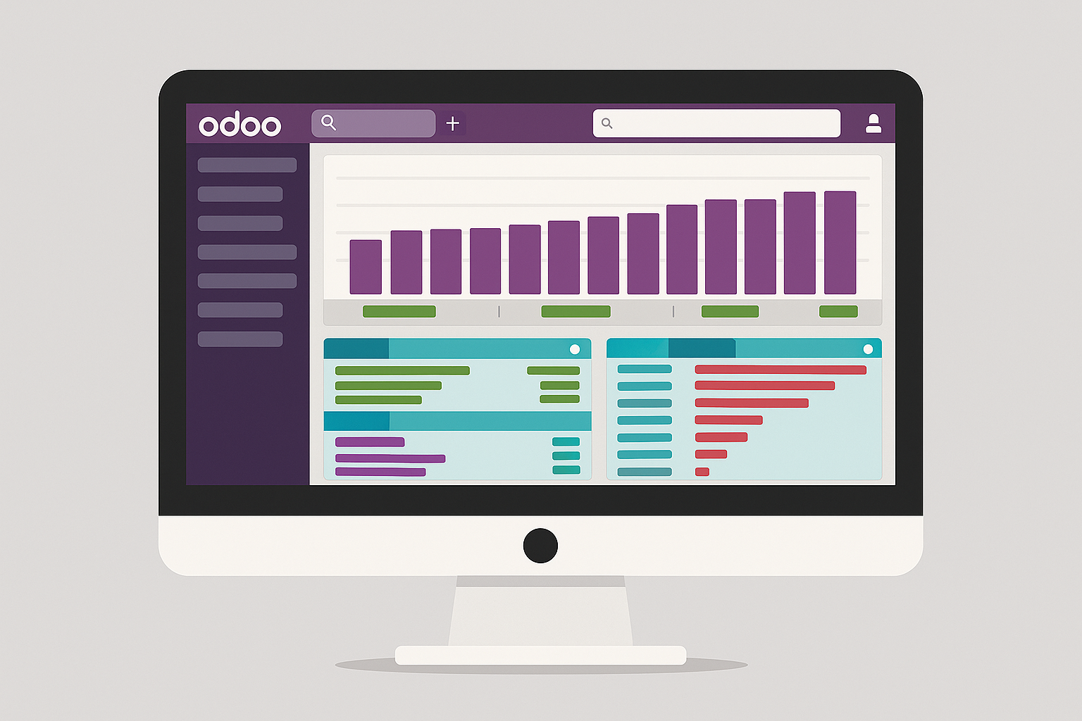 Ein Monitor mit einem Analyse-Screen mit der Überschrift Odoo