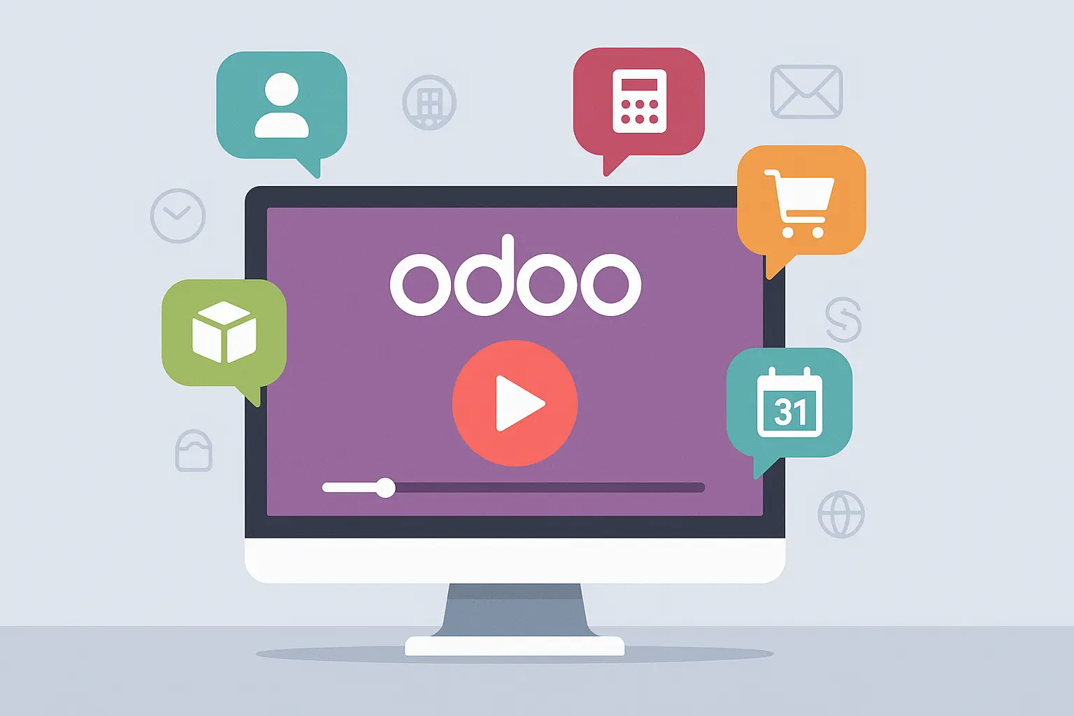 Illustration eines Computerbildschirms mit dem Odoo-Logo und Symbolen für ERP-Funktionen wie Lager, Buchhaltung, Kalender, Onlineshop und CRM
