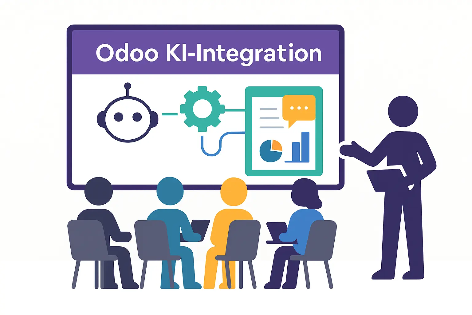Ein Männchen erklärt einer Klasse an Mitarbeitern die Funktionalität der Odoo KI-Integration