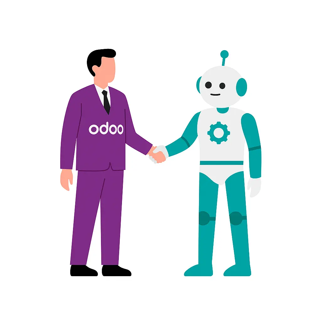 Ein Mann und ein Roboter schütteln sich zur erfolgreichen Odoo KI-Integration die Hände