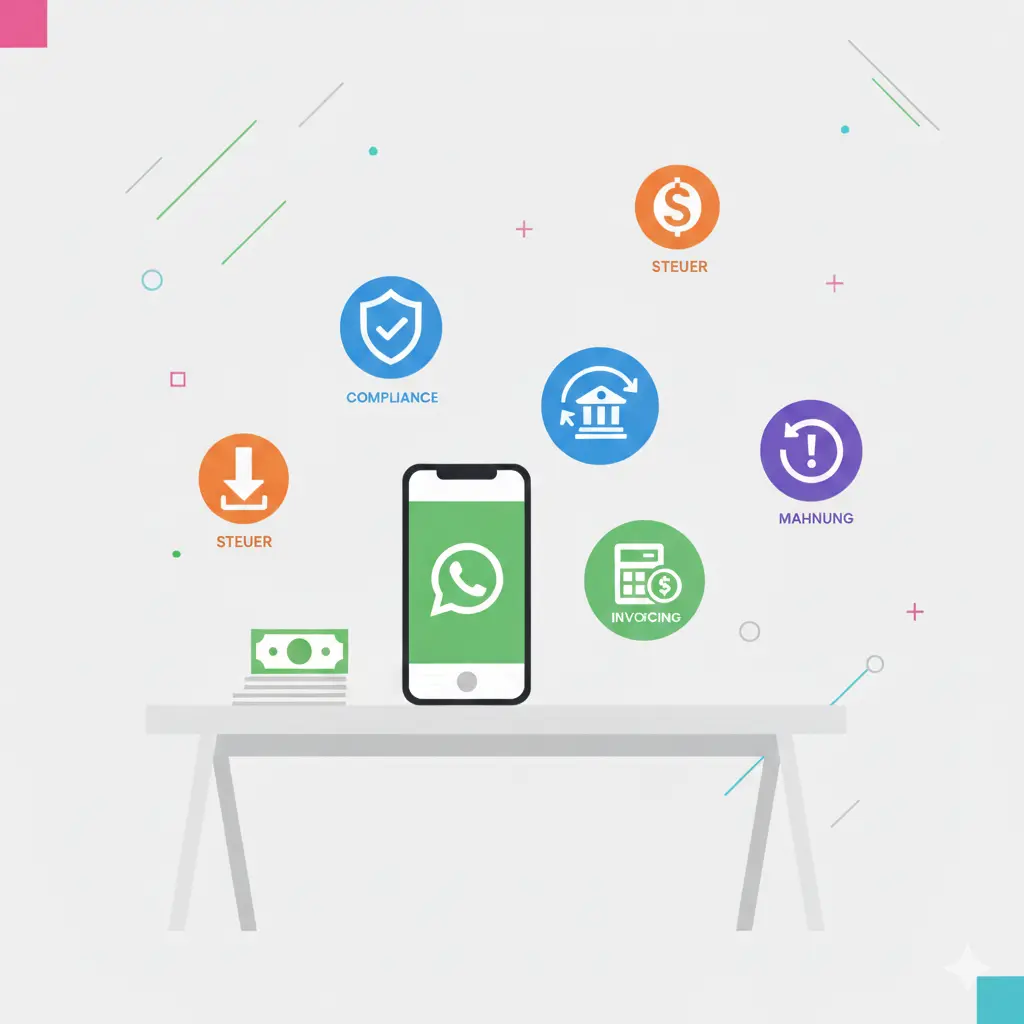 Ein Handy mit dem WhatsApp Logo und diversen Symbolen welche die Odoo 19 Neuerungen in der Buchhaltung darstellt