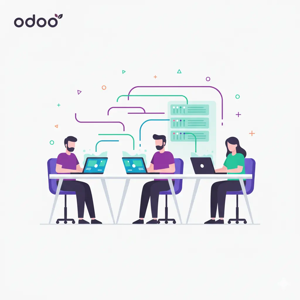 3 Menschen sitzen an einem Tisch und arbeiten an einer Verwaltungssoftware für Unternehmen