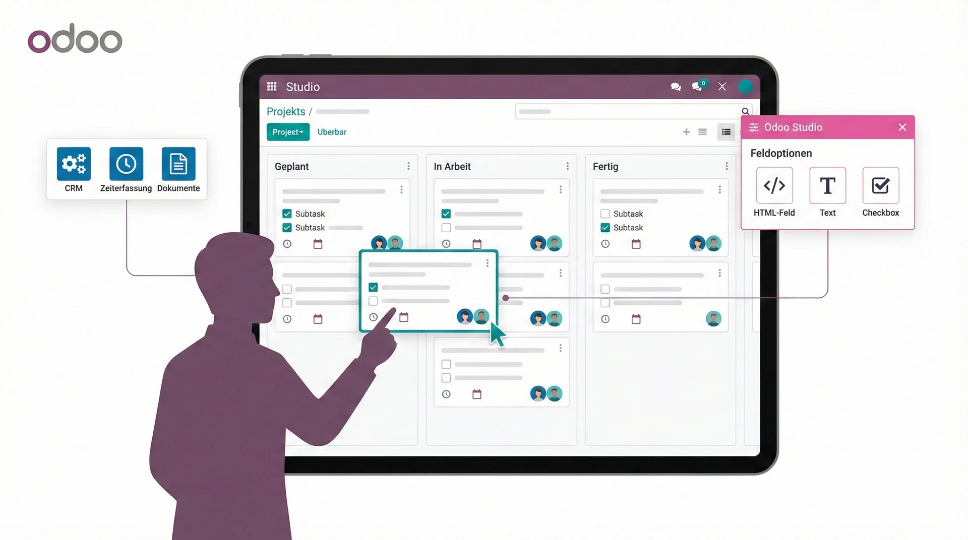 Ein Mann erstellt ein Feld im Odoo Projektmanagement und passt es an